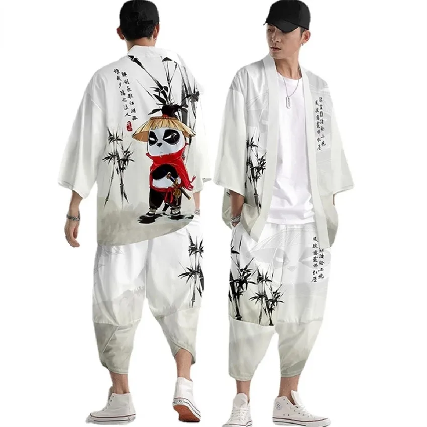 

Two-piece Suit Oversize S-6XL Loose Japanese Cardigan Women Men Cosplay Yukata Clothing Harajuku Samurai Kimono + Pants Sets