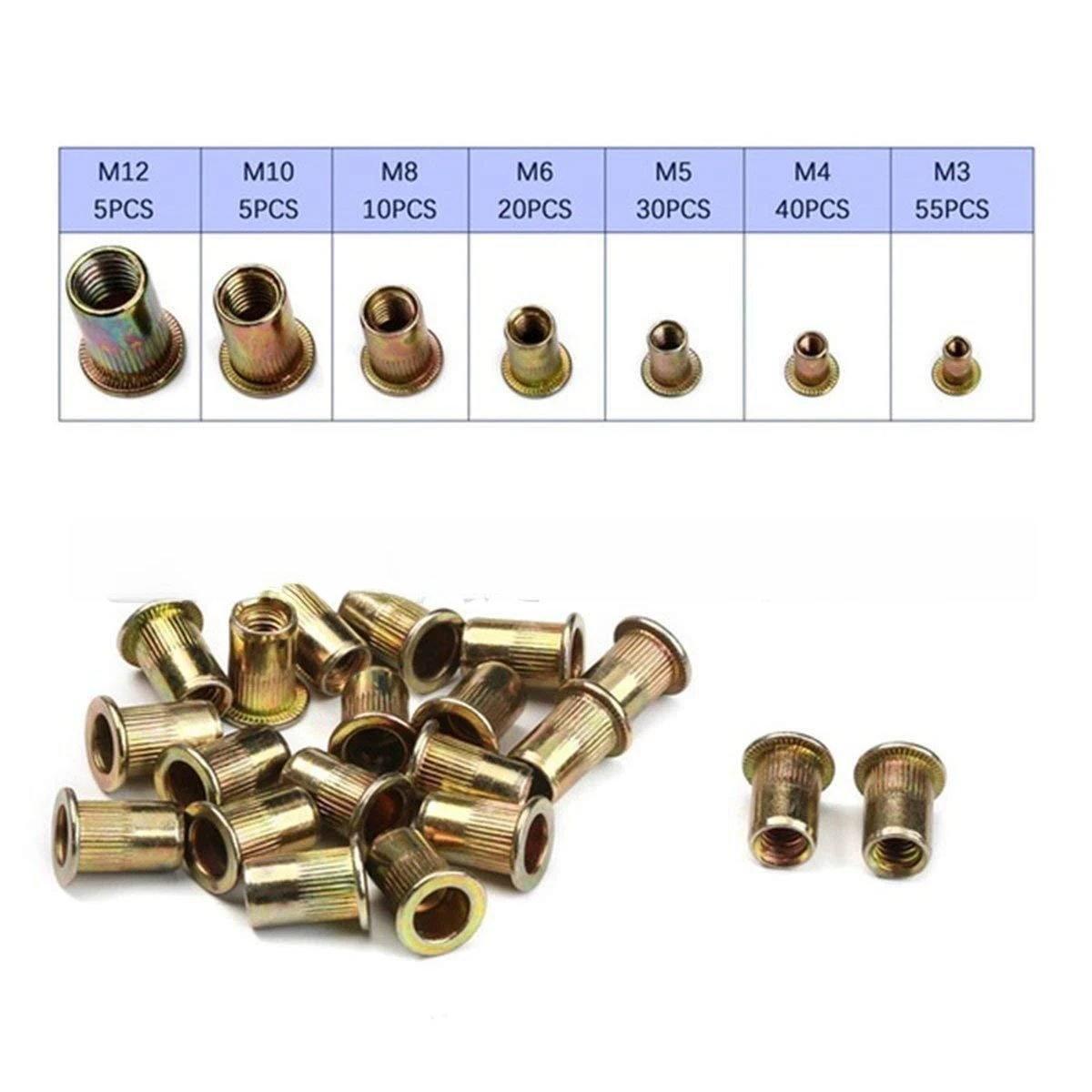 165PCS Boxed Color Zinc Carbon Steel Flat Head Rivet Nut Kit, Through Hole Knurled Threaded Insert Nuts Assortment