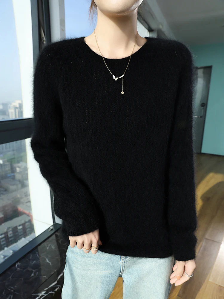 TLOML 여성용 100% 밍크 캐시미어 스웨터 오넥 긴 소매 풀오버 가을 겨울 부드럽고 따뜻한 캐주얼 캐시미어 니트웨어 기본 탑