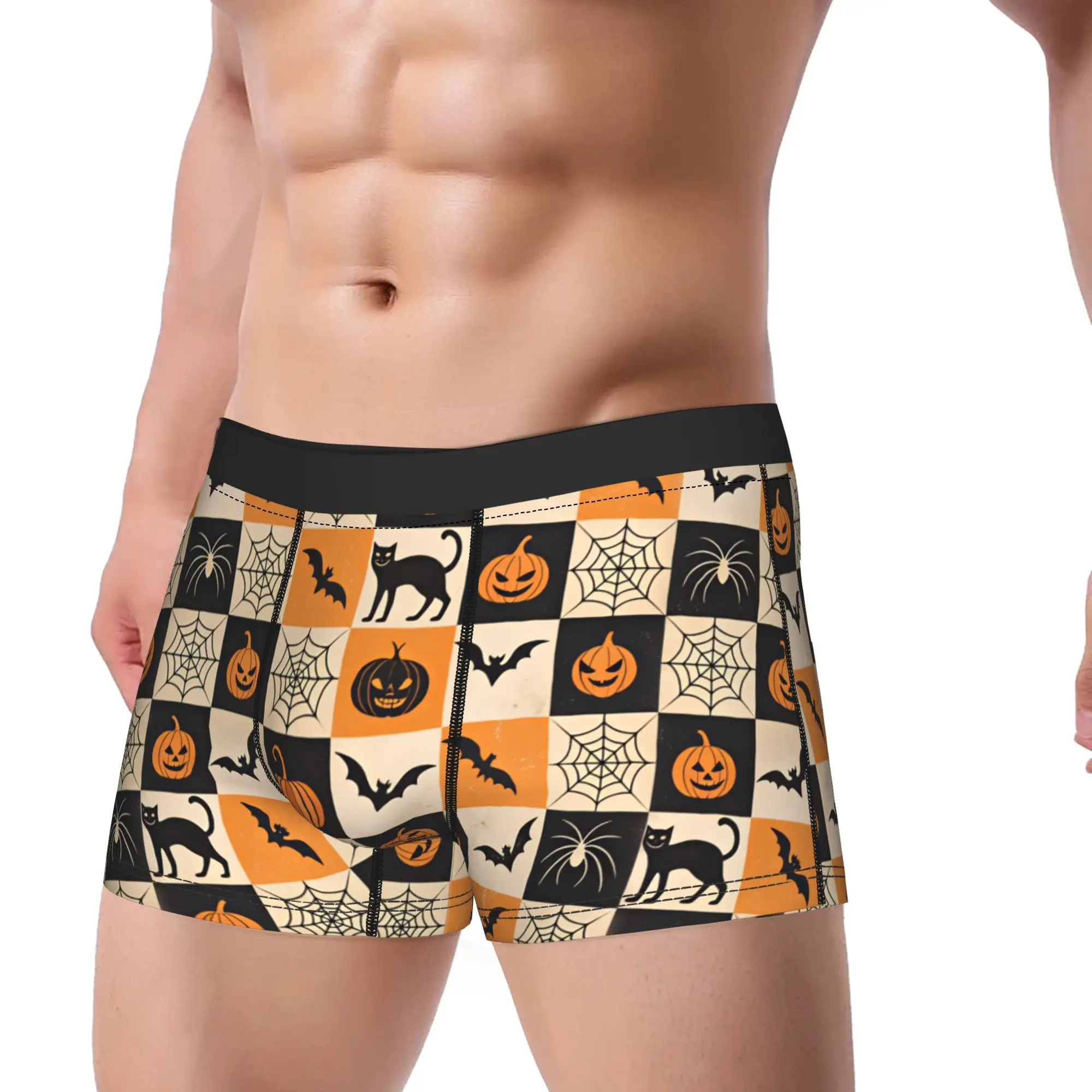 Halloween Checkerboard Bat Cat Spider Pumpkin Seamless Pattern Boxershorts  3D Pouch Underwear High Quality Design Shorts Briefs