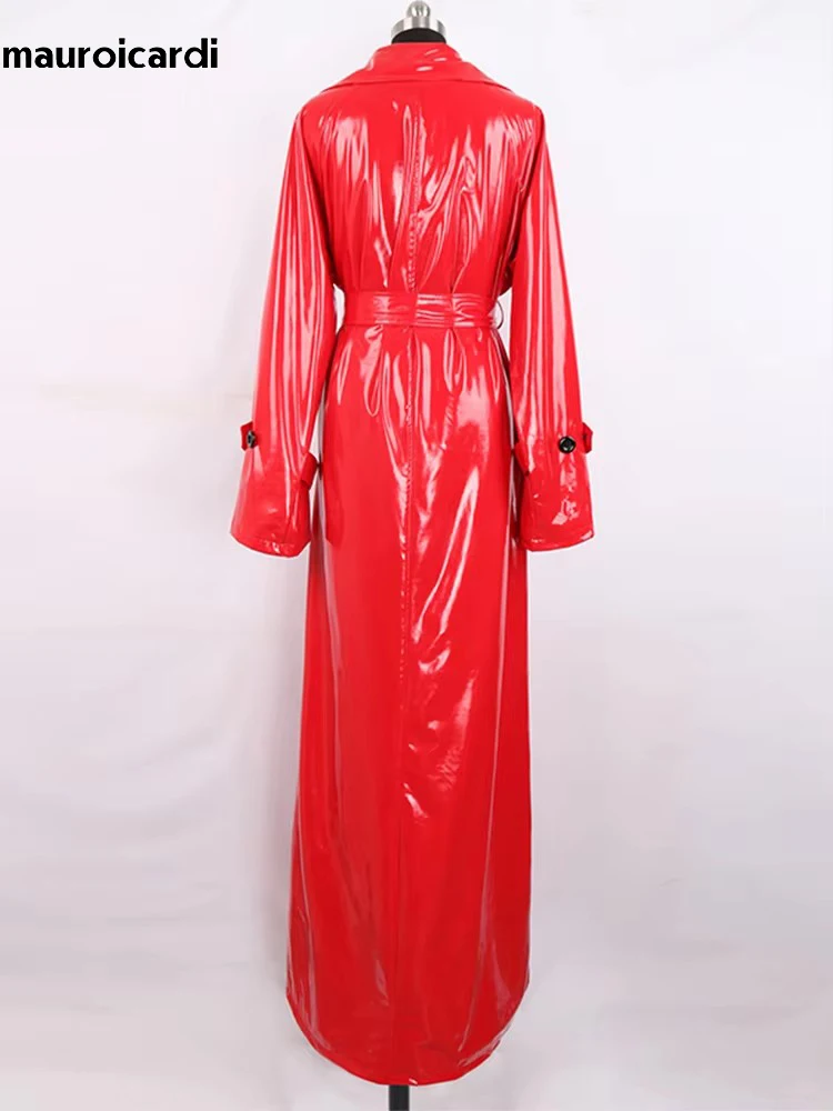 Mauroicardi Spring Autumn Extra Long Soft Red Reflective Shiny Patent Leather Coat Women Double Breasted Maxi European Fashion