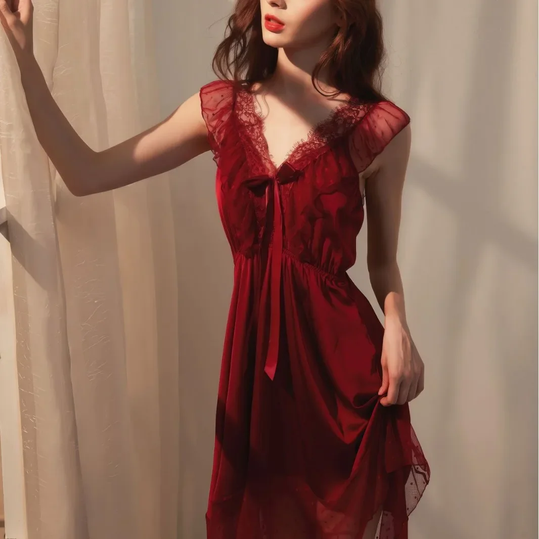 

Pure Desire Smooth Strap Sleepwear Sexy Backless Lace Butterfly Knot Women's Polka Dot Nightgown High-End Home Clothes