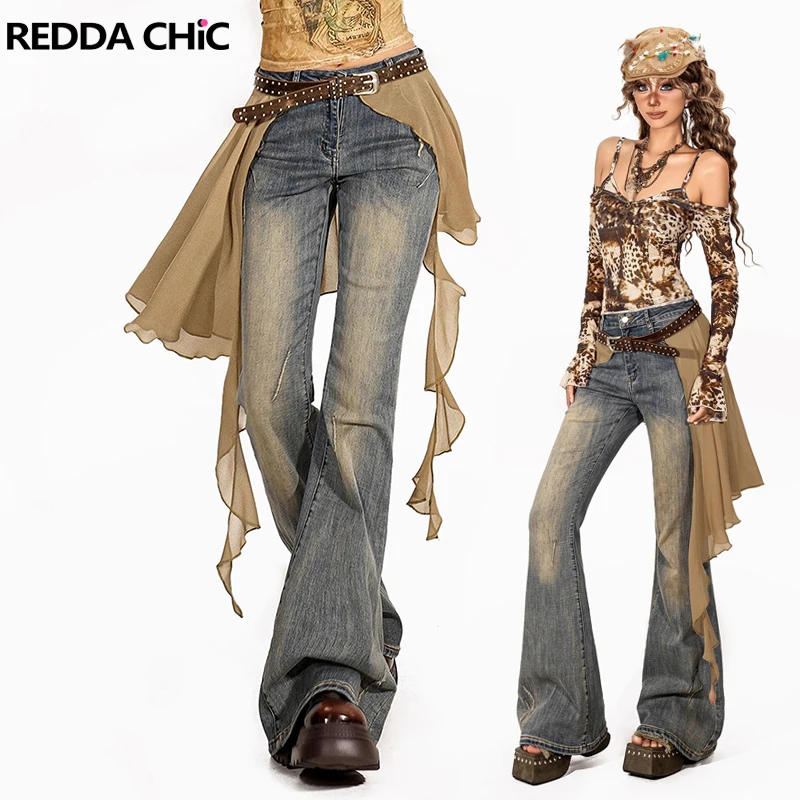 REDDACHiC Uitlopende jeans voor dames met klinknagels Riem Onregelmatige ruches Wikkelrok Zakken Stretch Denim Broek Straat Y2k Bell Bottoms