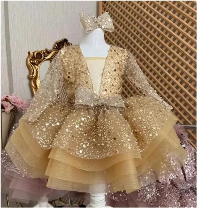 

Flower Girl Dress Long Sleeves Gold Tiered Puff Cute Baby Little Girls First Communion Gown Party Dresses