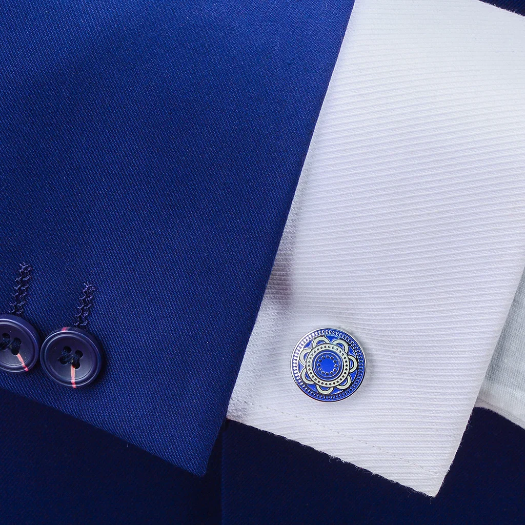 SAVOYSHI New Blue Enamel Pattern Cufflinks For Mens Bussiness Gift Round French Shirt Cuff links Fashion Cuff Buttons Jewelry