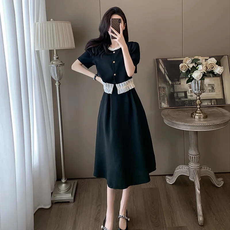 Women's French Button Up Shirt Black Ear Edge Pleated Skirt Two-piece Set Retro Contrasting Color Black Ear Edge Shirt Skirt Set