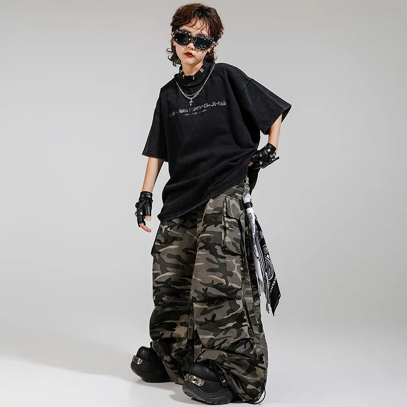 키즈 K팝 힙합 의류 블랙 목넥 티셔츠 탑 카모 캐주얼 스트랩 파라슈트 카고 팬츠 남아 여아 댄스 의상 옷