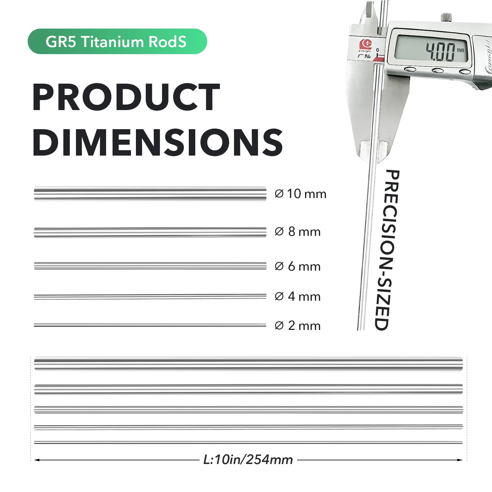GR5 Titanium Alloy Round Rod 2/4/6/8/10mm Dia 254mm Length Smooth Straight Solid Bar for DIY Craft Machining