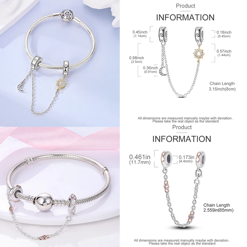 925 Sterling Silber Sicherheitskette Charm-Perlen Himmelskörper Mond Sonne Herz Marienkäfer Schleife DIY Armband Schmuck Geschenk für Frauen Mädchen – Detail 15