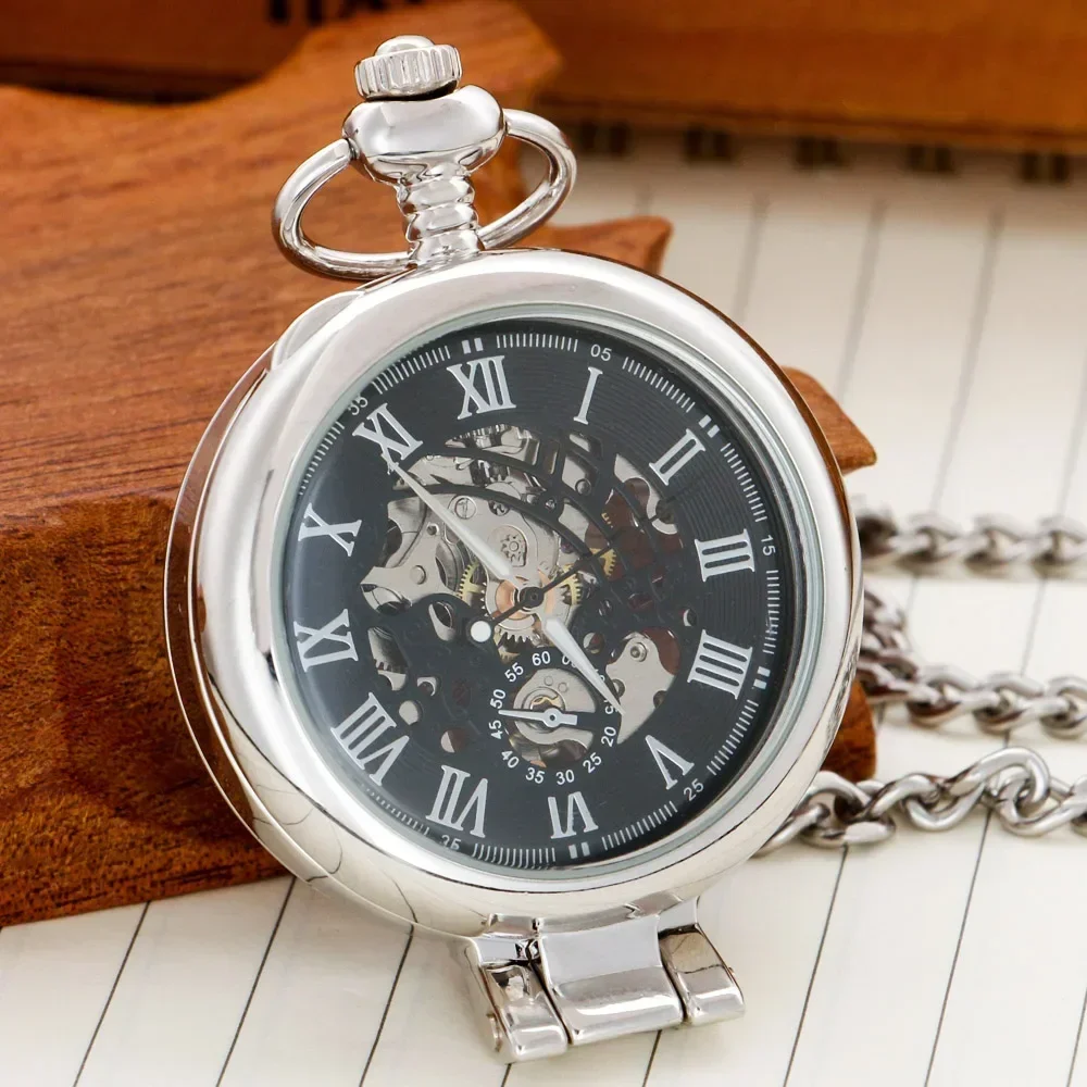 Fashion Silve Personality Mens Mechanical Hand Wind Pocket Watch with Chain Steampunk Vintage Pocket Fob Watch PJX1749