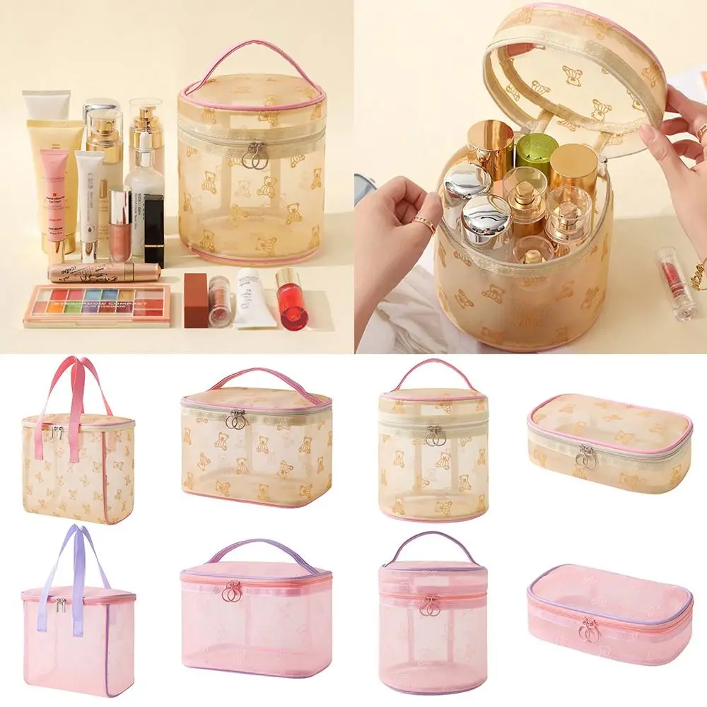 Portable Pink Beige Mesh Cosmetic Bag Gauze Cartoon Bear Toiletries Bag Large Capacity Storage Bag Travel Outdoor