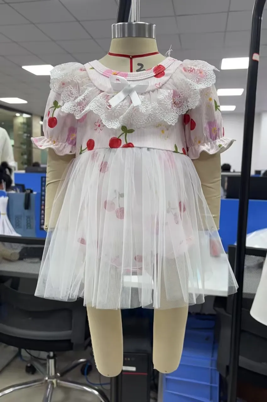 

Newborn Clothes Baby Girl Jumpsuit Short Sleeve Cherry Print Tulle Romper Dress Bow Headband Clothing Set