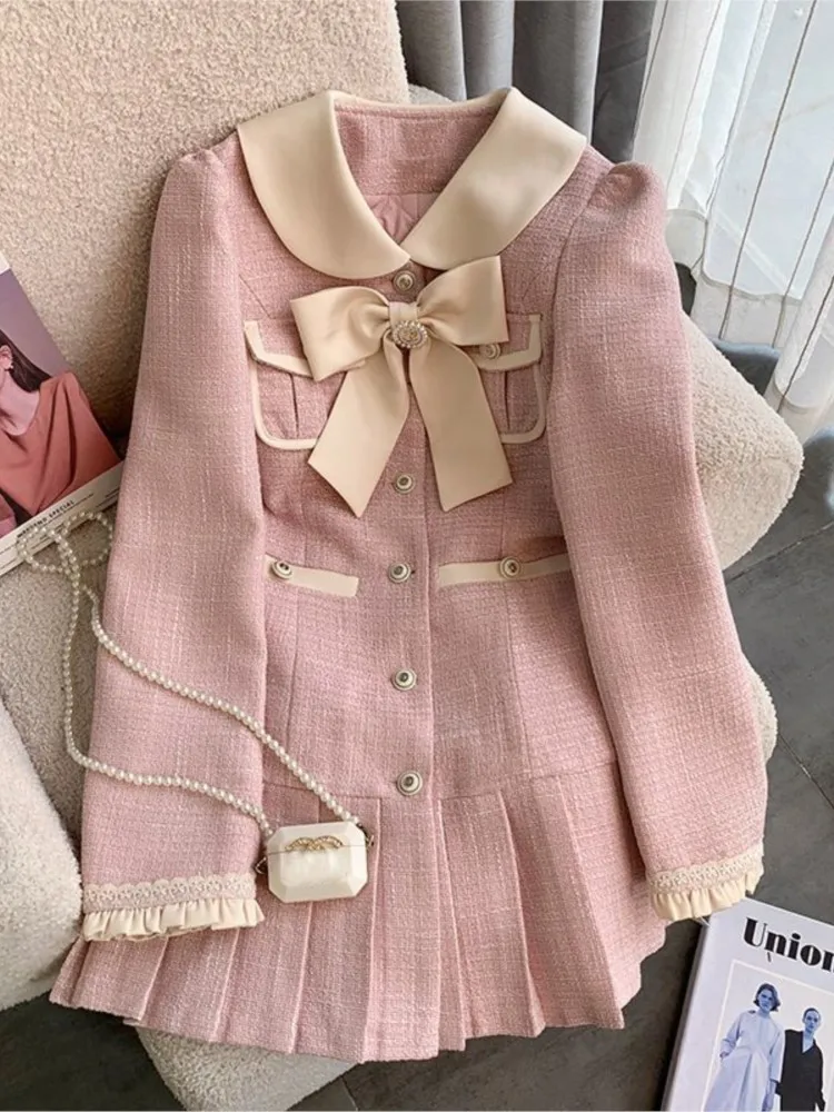 

Bow Sweet Pink Tweed Autumn Dress Turn Down Collar Patchwork Chic Lady Short Dress Fashion Single Breasted Pleated Dress