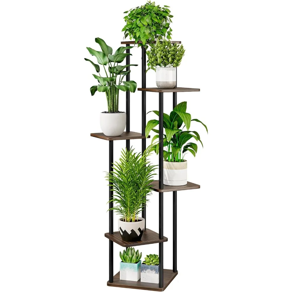 

Plant Stand 6 Tier Indoor Metal Flower Shelf for Multiple Plants Corner Tall Flower Holders for Patio Balcony Bedroom, Black Oak