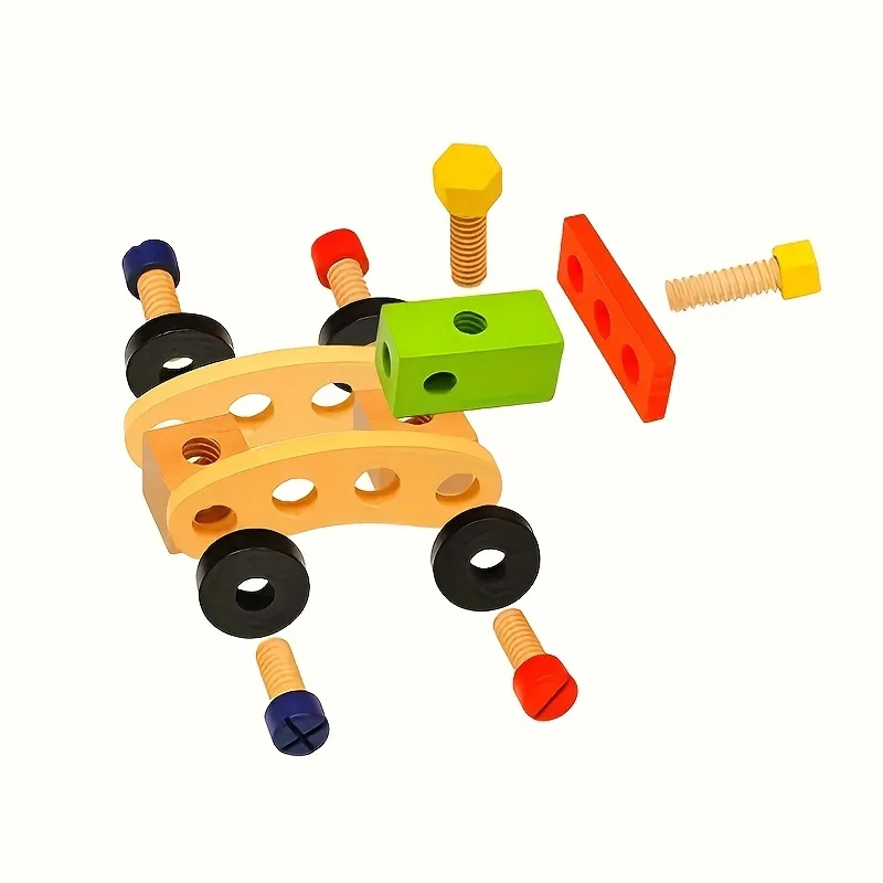 Simulation Wooden Toolbox Toy for Kids, Vehicle Assemble Building Blocks Puzzle and Educational Game Toy for Boys and Girls