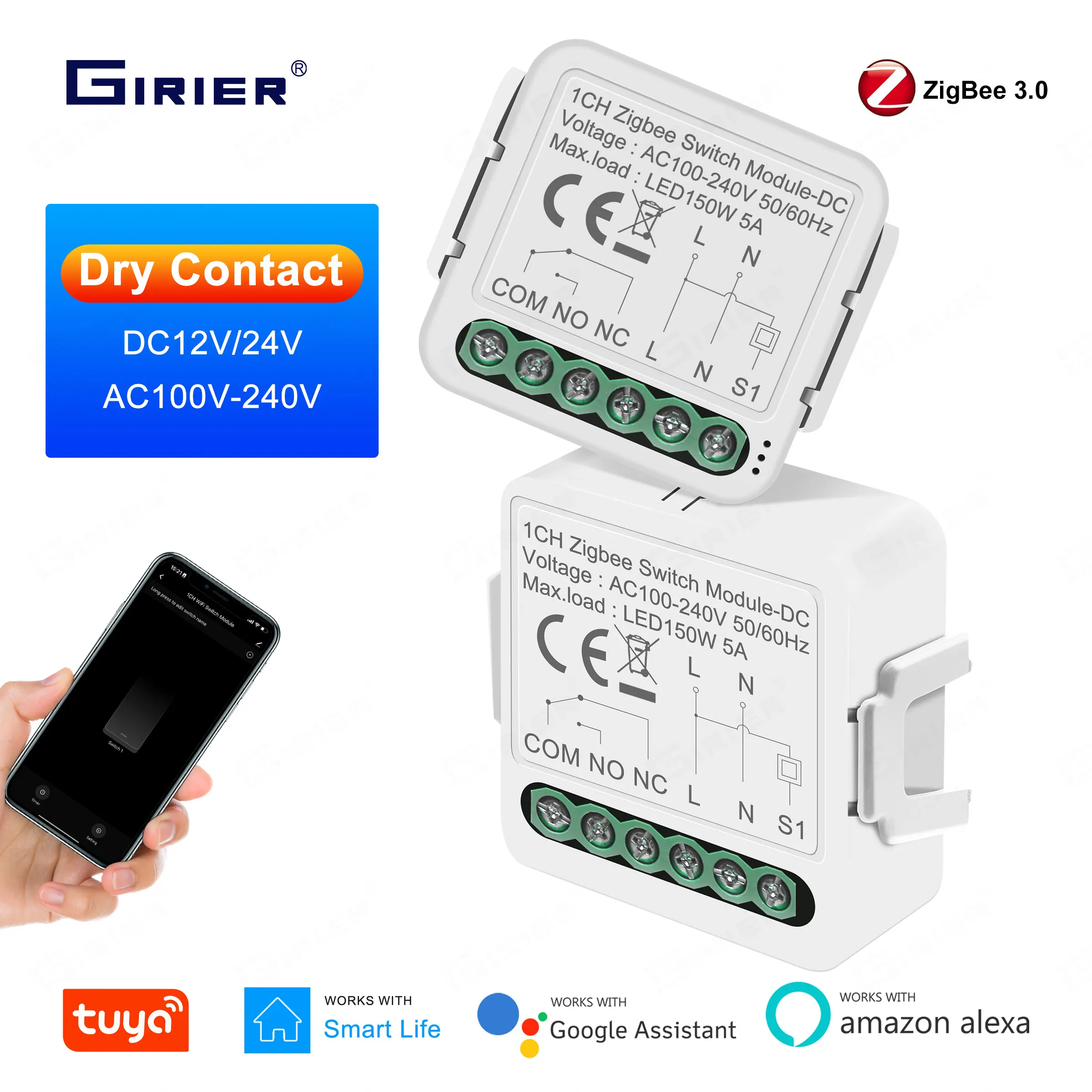 GIRIER-Módulo de interruptor inteligente ZigBee, 5A contacto seco, relé de interruptor DIY Tuya, cc 12/24V, CA 100-240V, funciona con Alexa y Google