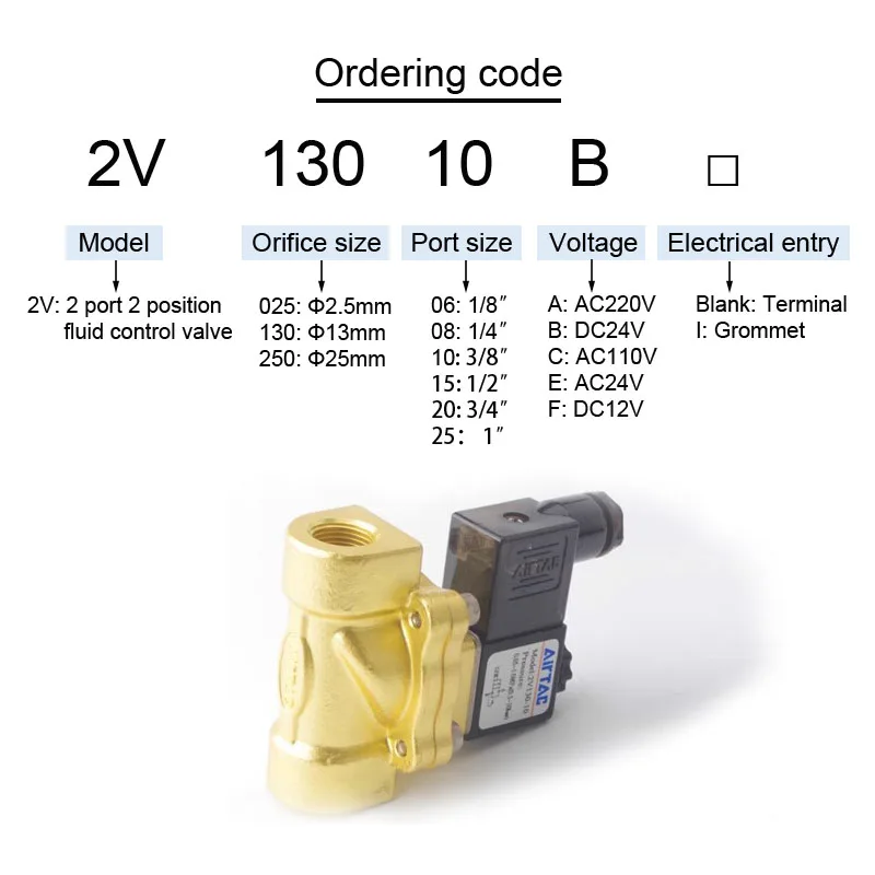 AIRTAC Original 2V Series Fluid Controlvalve 2/2Way 2V130-10/15 2V250-20/25 Controls  Solenoid Valve AC/DC 12V 24V 110V 220V