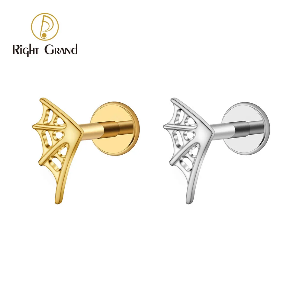 Right Grand ASTM F136 Titanium 16G Spider Web Stud Earring Halloween Internally Threaded Helix Cartilage Tragus Lip Piercing