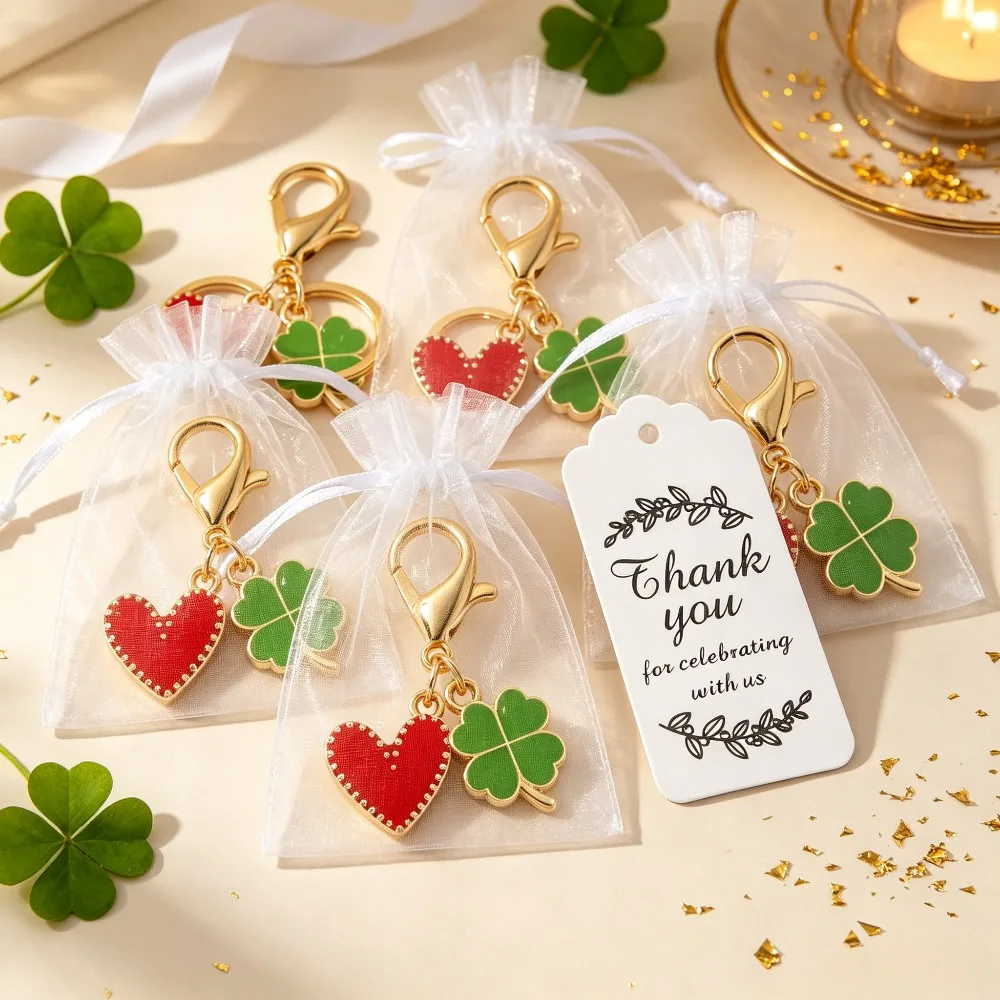 10‑30 Sets Four‑Leaf Clover Heart Keychain with Card Organza Bag Bag Car Key Pendant Wedding Party Favor Lucky Charm Gift