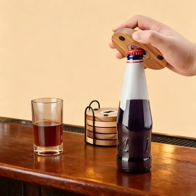 Holzuntersetzer mit Lagerregal, Flaschenöffner für Bier und Getränkebecher, Matte für Zuhause, Küche, Büro und Außenbereich B03E – Detail 4