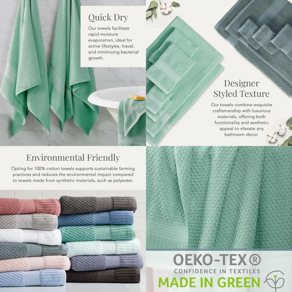 Paquete de 4 toallas de baño de algodón 30x52 ultrasuaves y de secado rápido | Toallitas duraderas con textura en verde Wasabi | Trinidad Set