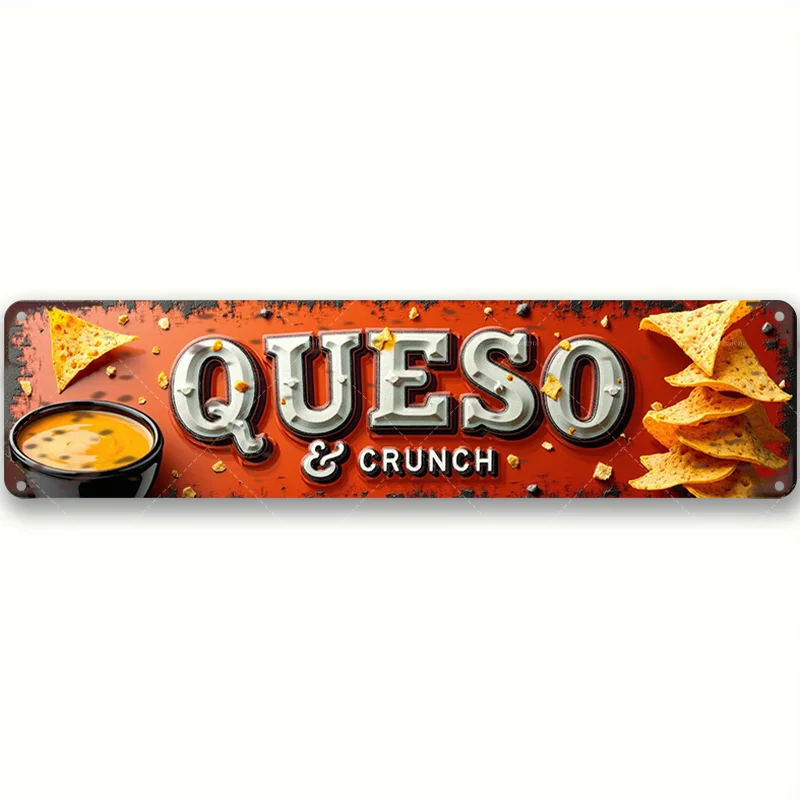 1 قطعة علامة معدنية، 4 × 16 بوصة "Queso & Crunch: علامة ريترو نابضة بالحياة لديكور المطبخ لعشاق الوجبات الخفيفة"