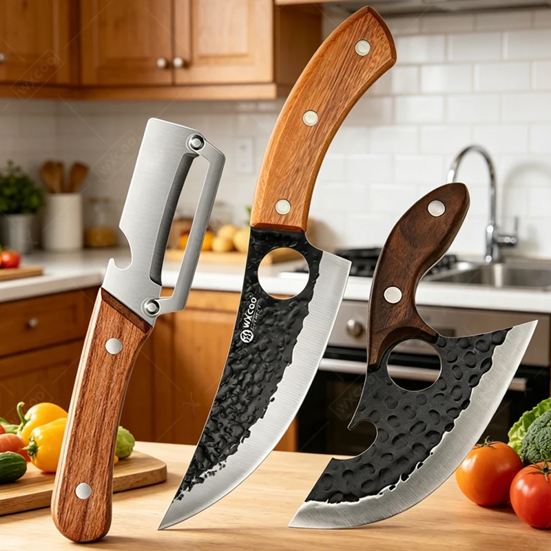 Cuchillo de Cocina Forjado para Deshuesar con Mango de Madera, Pelador Afilado con Abrebotellas, Pelador de Verduras para Pelar y Rebanar Frutas, Utensilios de Cocina