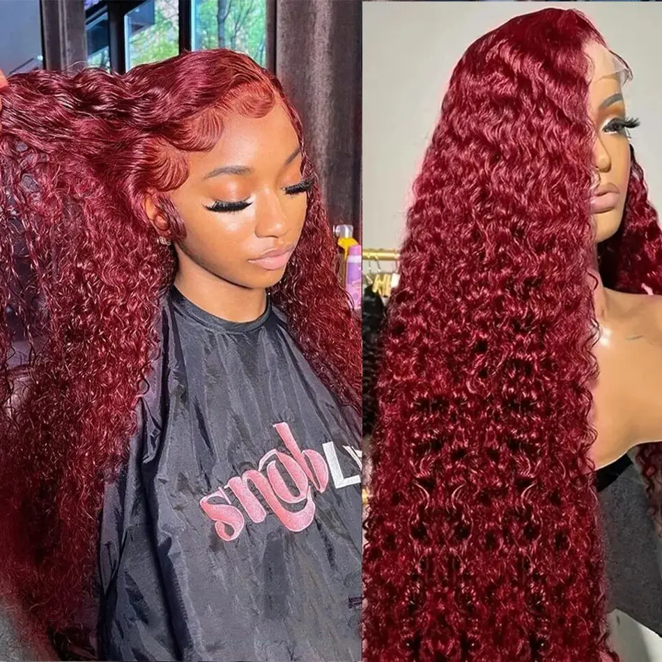 

99J Burgundy 13x6 hd lace frontal human hair wig 30 40 Inch Burgundy Deep Wave 13x4 Frontal Red Curly Wigs Remy For Women choice