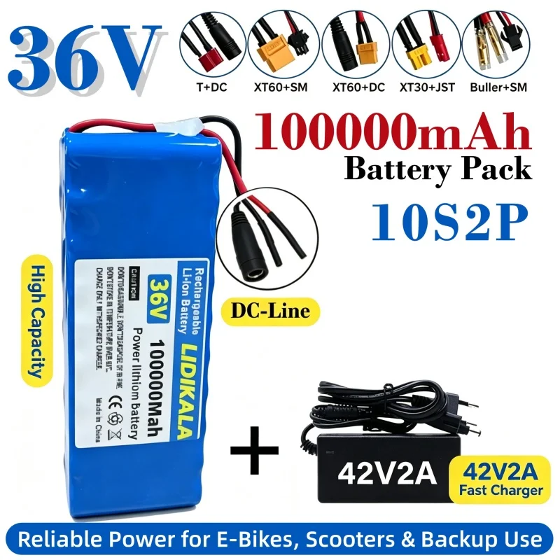 Batterie 36V 100000mAh, pour vélos modifiés, batterie rechargeable pour véhicules électriques 18650 10S2P + chargeur 42V