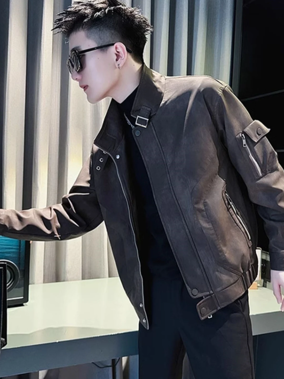 

Casual ort Leather Jaet for Men Spring Autumn Sli Brand Haome Stand Collar Workwear PU Material Youth Faion