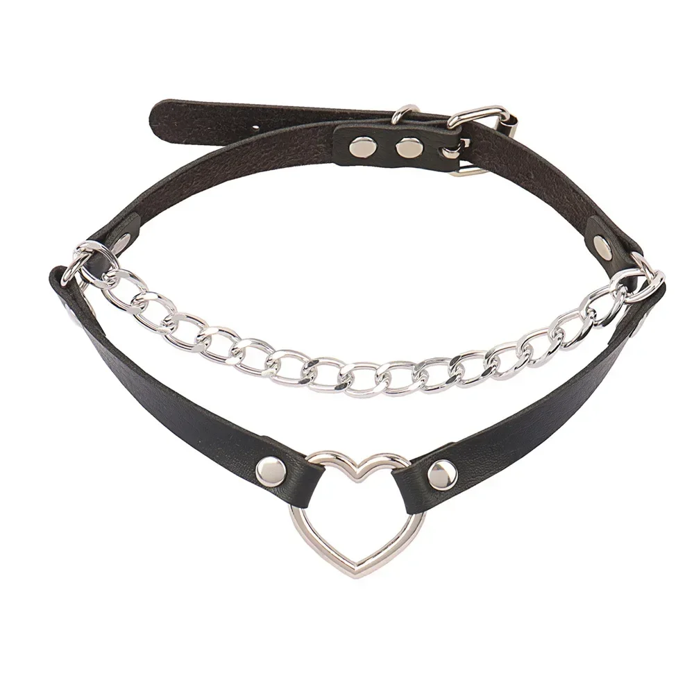 Punk Harajuku Gothic Rock and roll Sweet Simple Fashion Individuality Chain Love Double-deck PU Leather Pendant Choker