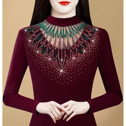 2025 Autumn Winter Women's T shirt New Long Sleeve Patchwork Embroidery Lace Shirt Half High Collar Diamond Mesh Tops