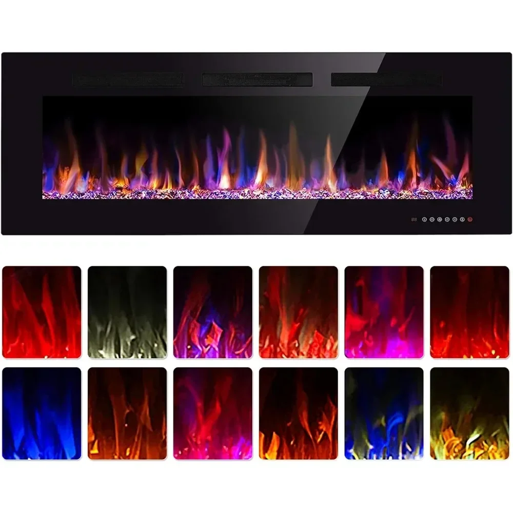 Chimenea eléctrica empotrable y montada en la pared, calentador de chimenea de 1500W y chimenea lineal con temporizador/flamas multicolores