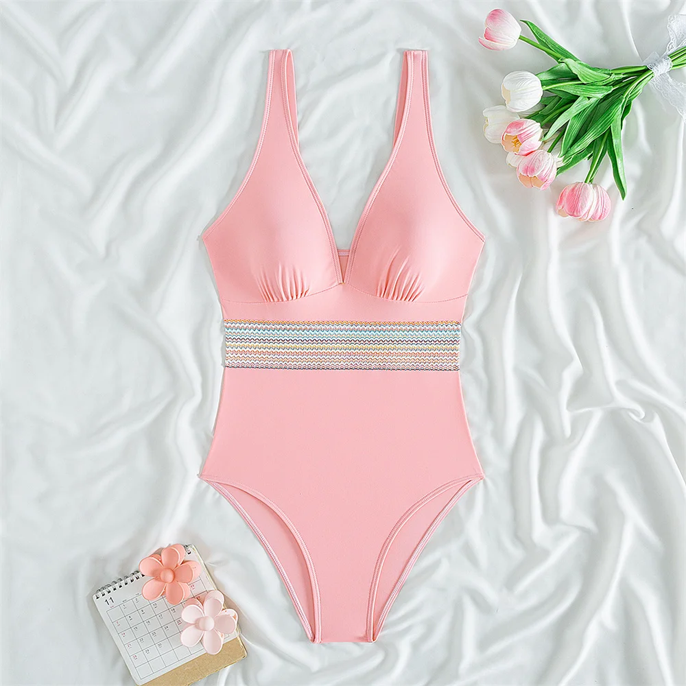 

Лоскутное бикини с высокой талией, розовый купальник Y2K с открытой спиной, монокини в полоску, женские купальники, пляжный купальный костюм, бикини De Mujer