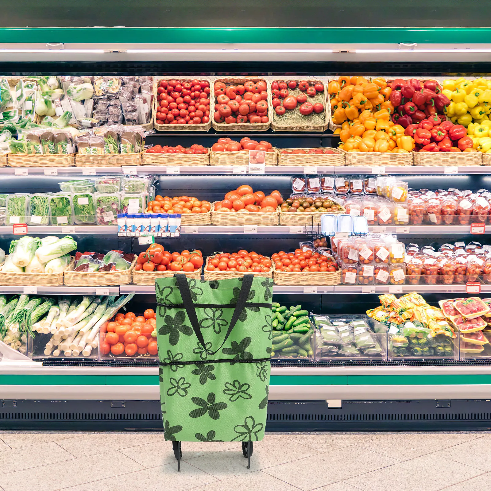 

Trolley Shopping Bag with Wheels Foldable Reusable Grocery Tote Large Capacity Convenient Carry Handle for Supermarket Commute