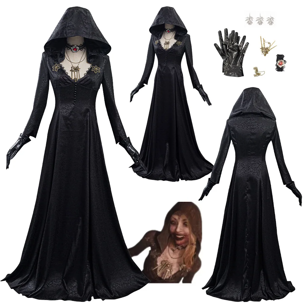 

Women Evil Village Cosplay Costume Dress Vampire Lady Necklace Earring Black Cloak Halloween Carnival Disguise Party Adult Suit