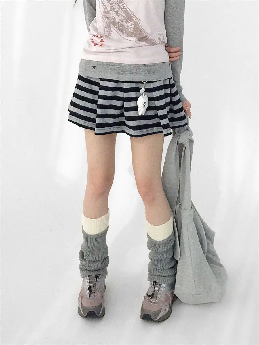 Striped Pleated Knitted Skirt Ribbed Elastic Waistband All Match A-line Mini Skirt Korean Ins Slim Waist Vintage Skirt for Women