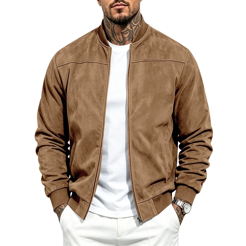 Men European American Bomber Jacket Long Sleeve Casual Outerwear Autumn Winter Plus Size Suede Zipper Stand-up Collar Male Coat