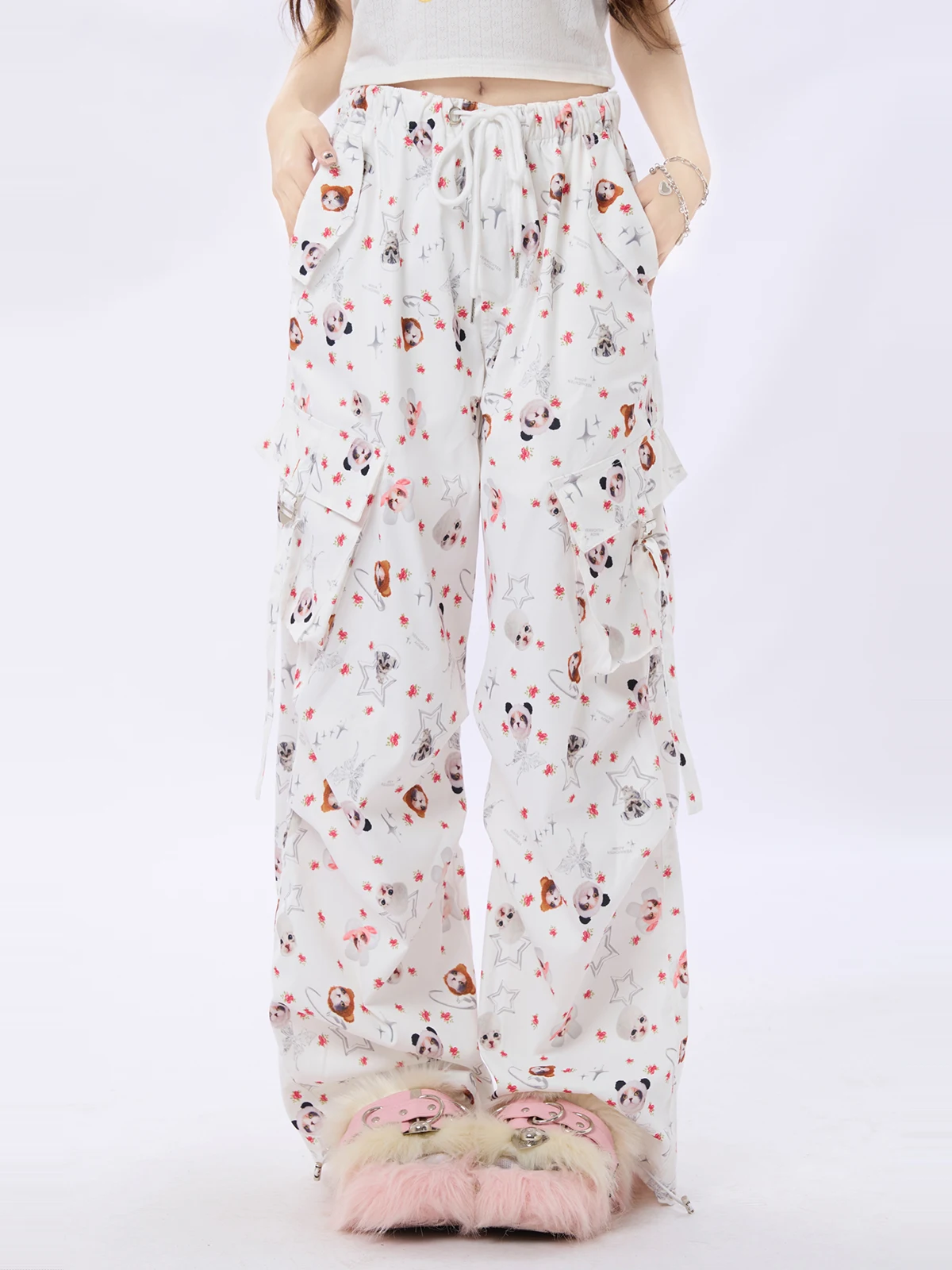 

ENJOG American Sle Sweet Cool Bear ket Work Pants Women Summer New Hot Girl Dance Loose Wide Leg Long Trousers