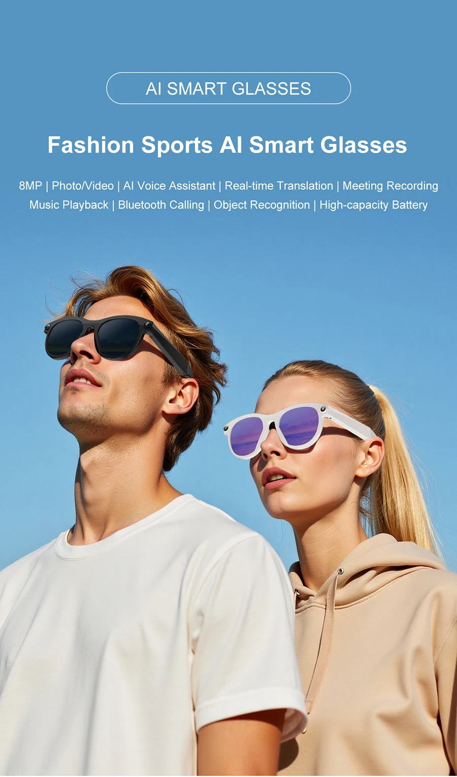 Smart Glasses 800MP HD  Camera AI Translation Sunglasses Hands-free Bluetooth Calling Music Player Smart Glasses for Men Women