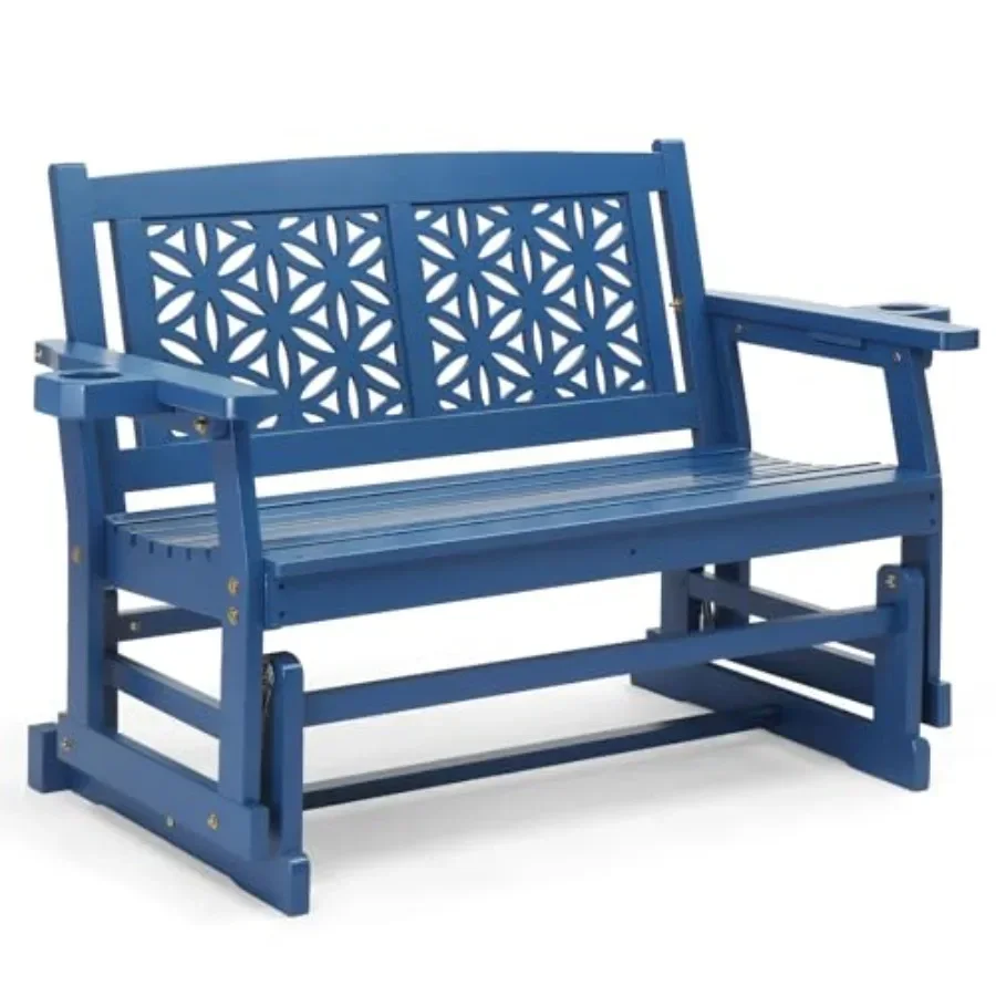 Fir Wood Outdoor Glider with Floral Backrest, Wooden Patio Gliding Bench with Cup Holders, Smooth Rocking Chair for Garden, Yar