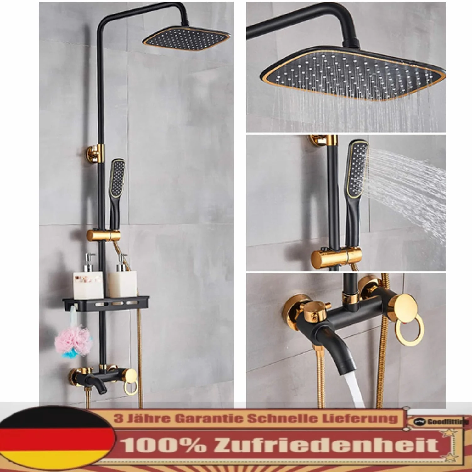 Rain Shower System with Shelf, Brass Shower Set, Bathroom & Hand Shower Fitting Wall Mounted Cold and Hot, Black and Gold