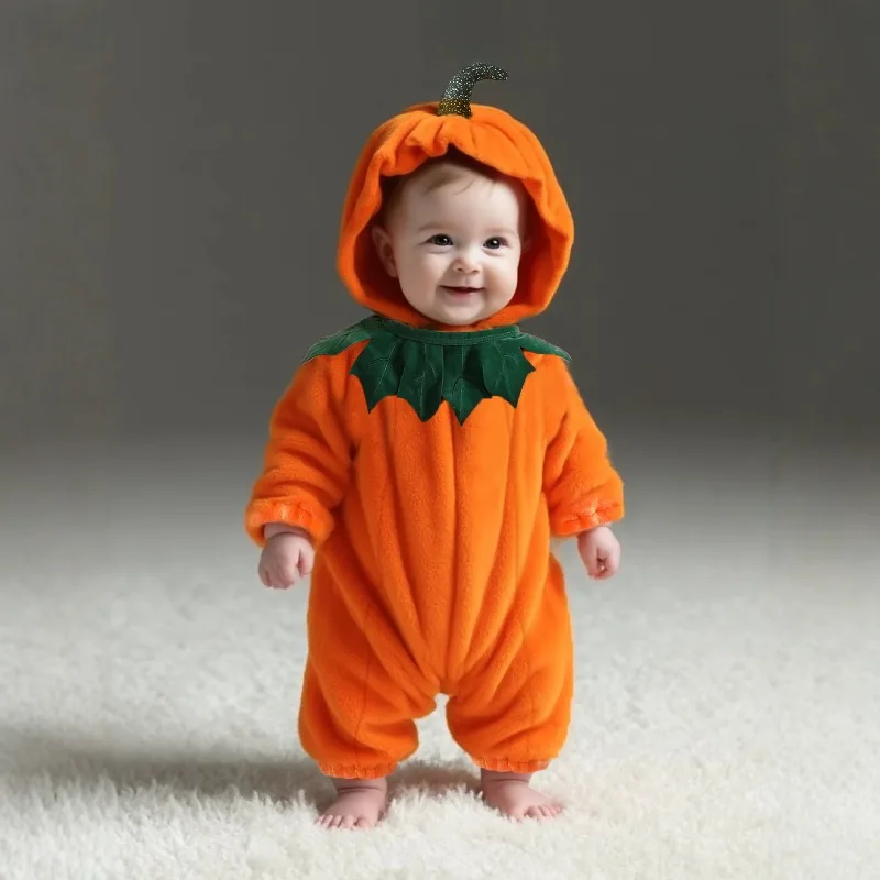 Traje de Calabaza para Bebé Recién Nacido, Body con Capucha, Disfraz de Halloween, Mameluco, Traje de Una Pieza, Traje de Invierno Cálido y Afelpado para Niños Pequeños