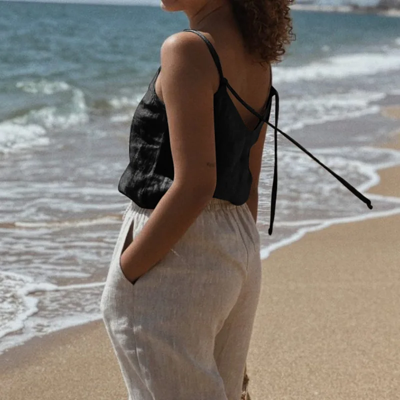 

Women's 100% Linen Sleeveless Tank Top Button up Back Bandage Sexy Holiday Beach Top Korean Fashion Pullover Ladies Camisole
