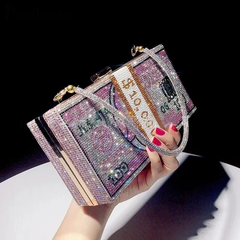 Creative Fashion New Money Clutch Rhinestone Purse 10000 Dollars Stack Bags of Cash Evening Handbags Shoulder Wedding Dinner Bag