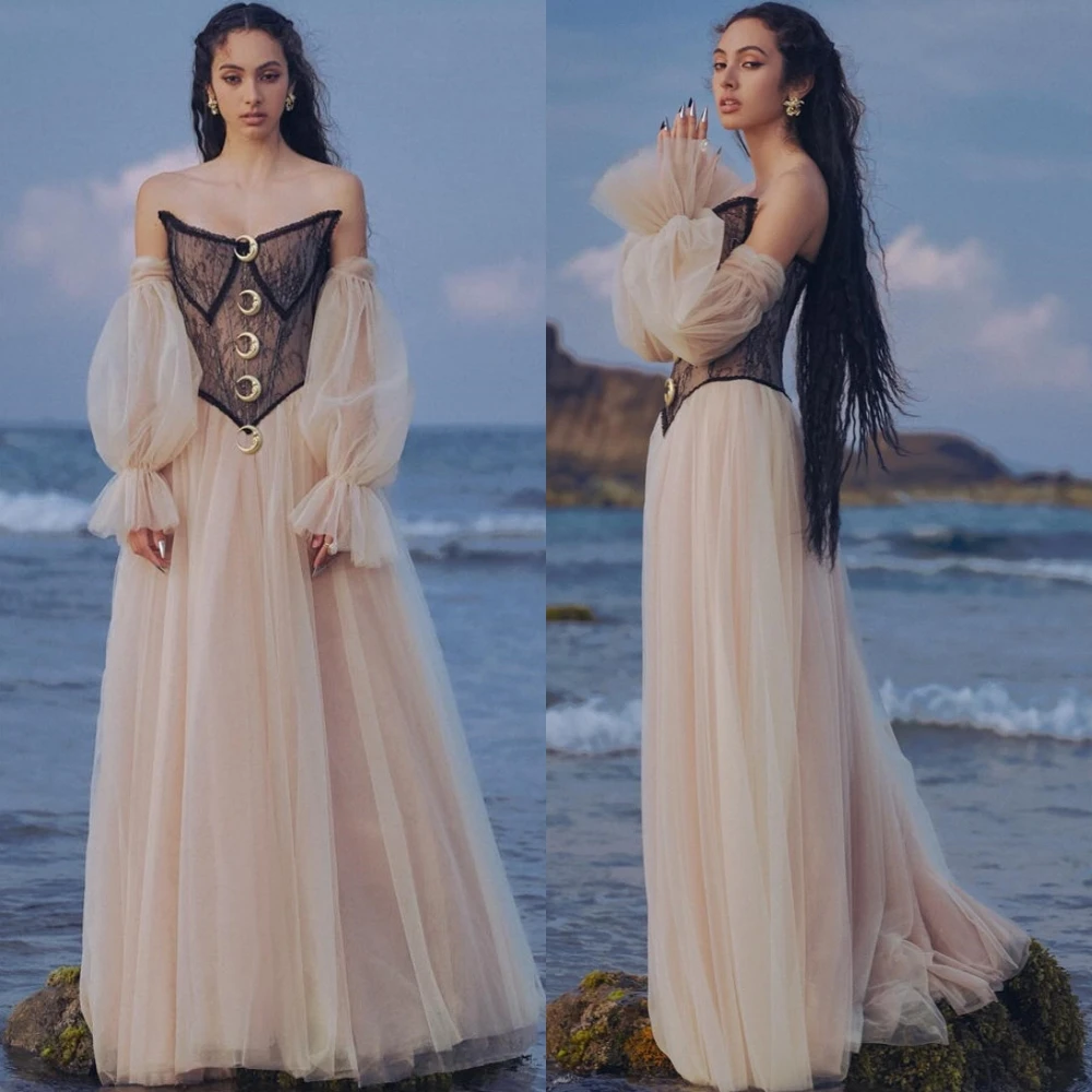 

Customized Classic Tulle Evening Dress Fashion Sweep Train Strapless Prom Dresses Delicate 3/4 Sleeves Special Occasion Gowns