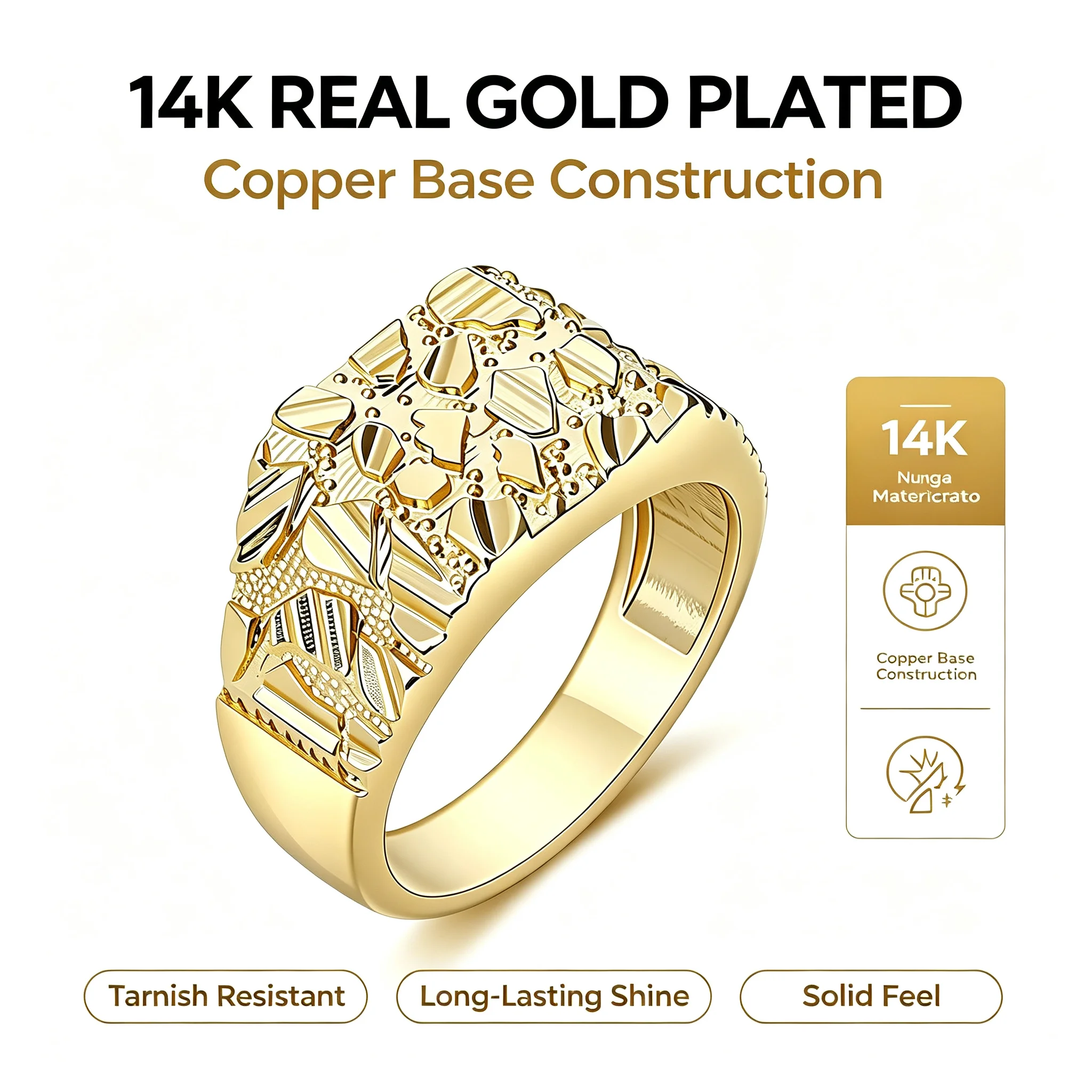 14k Real Gold Plated Rough Nugget Ring For Men Women Cookie Surface Hip Hop Rock USA Afric Culture Dancer Singer Fashion Jewelry