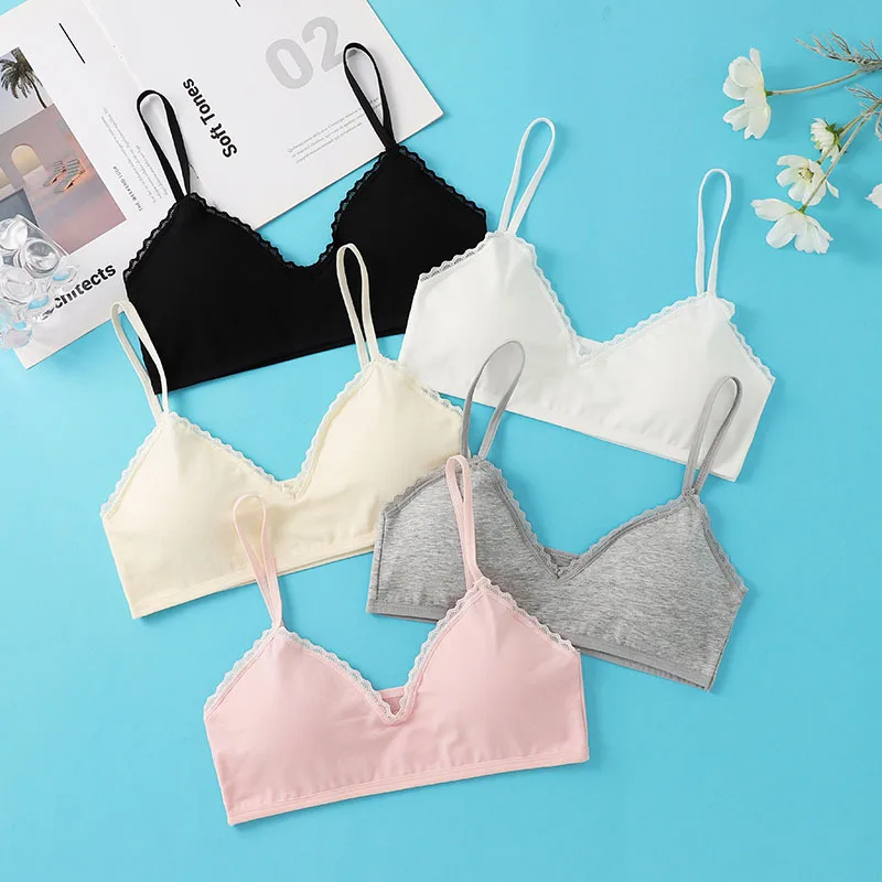 1PC Teen Girls Triangle Cup Training Bra Wireless Lace Trim Solid Color Thin Cotton Adolescent Student Underwear Kids Small Bras