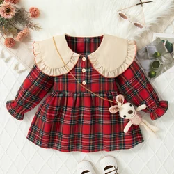 Spring and Autumn New Baby Girls Long Sleeve Dress Academy Style Checkered Children's Clothing+Rabbit Bag (9 Months-3 Years Old)