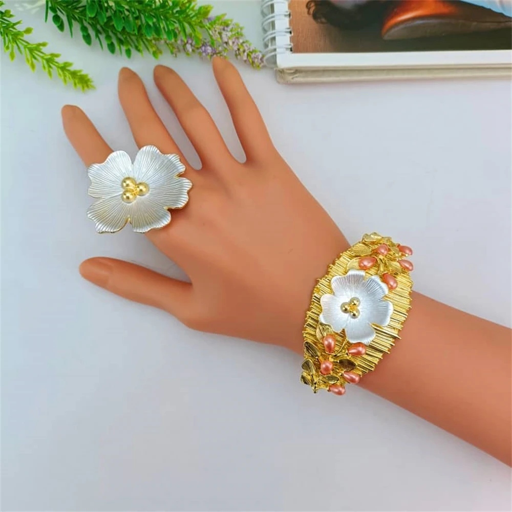 طقم مجوهرات زفاف مطلية بالذهب للنساء ، مجوهرات دبي الكبيرة ، قلادة ، أقراط ، سوار ، خاتم ، زهرة زفاف ، إيطالية ، حفلة #4